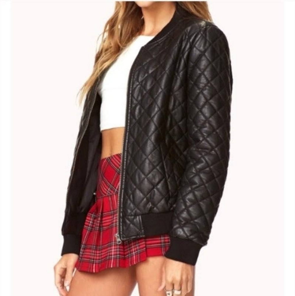Small Quilted Leather Bomber Jacket  two lined pockets Forever 21